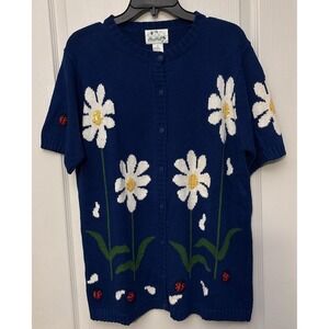 QUACKER FACTORY WOMEN'S BLUE SHORT SLEEVE DAISY LADY BUG CARDIGAN SWEATER MEDIUM